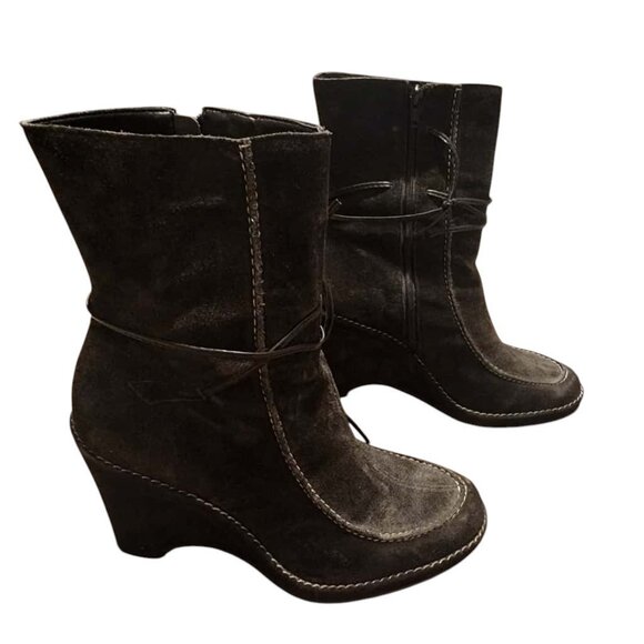 Franco Boots Wedge Heel Women's Size 7.5 Gray Dark Brown Ema Leather Side Zip - Picture 3 of 7